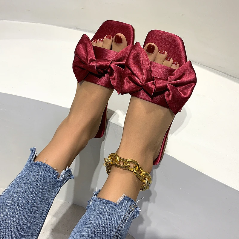 Lady Summer Slippers Comfort Outdoor Hotel Wedding Evening Slip-On Flat Front Tie Silk Satin Bow Slide Sandals