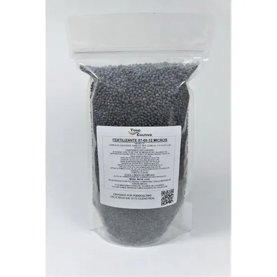 Fertilizer 7-5-12 humic acides + chelated microns, nourishes the culture stimulates and provides energy for the different metabolic processes by correcting the soil, indicated for vegetable and fruit trees