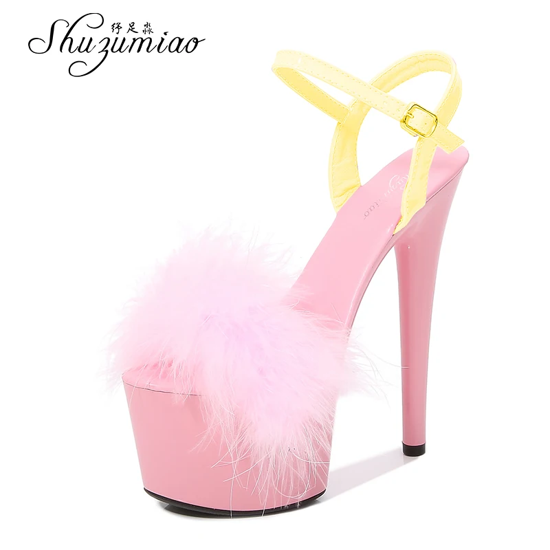 Pole Dance Shoes Feather Sandals Mixed Colors Fur Women Shoes 2021 Feather Sandals Stripers Heels Platform 17 CM  Sexy High Heel