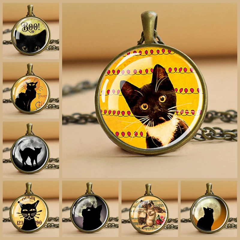 Black Cat Necklace Cat Pendant Vintage Necklaces Glass Cabochon Animals Jewelry Halloween Gift