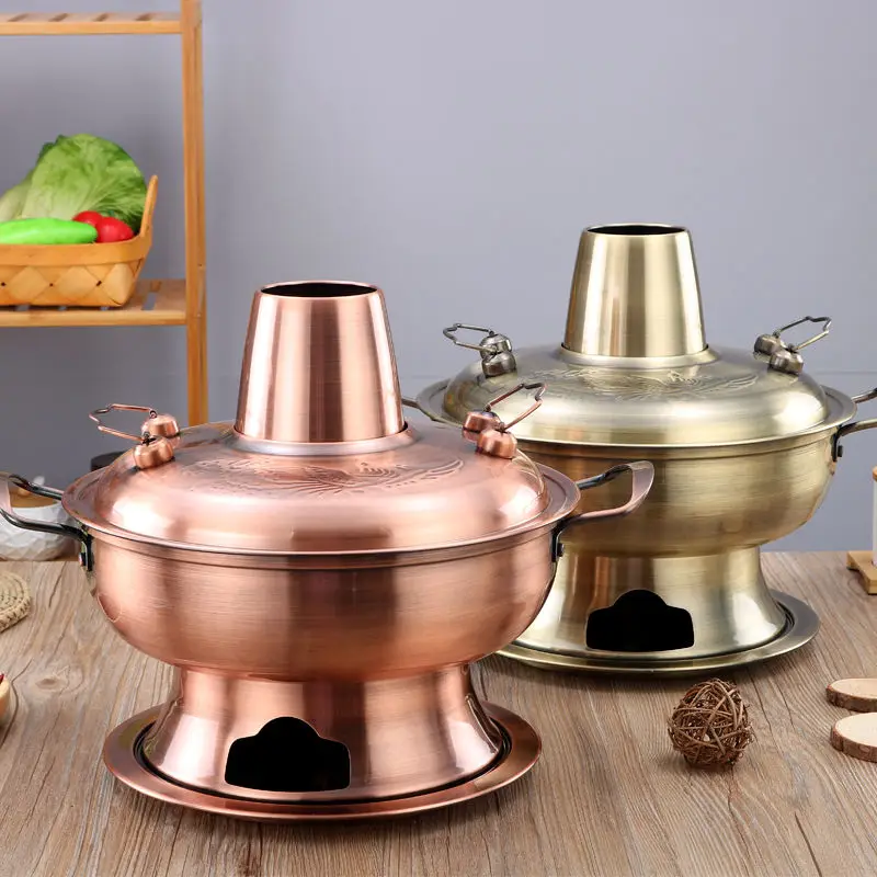 Copper Hotpot Soup Pot Stainless Steel Fondue Charcoal Hotpot Cooking Outdoor Cooker Picnic Commercial Hotel Restaurant Pot