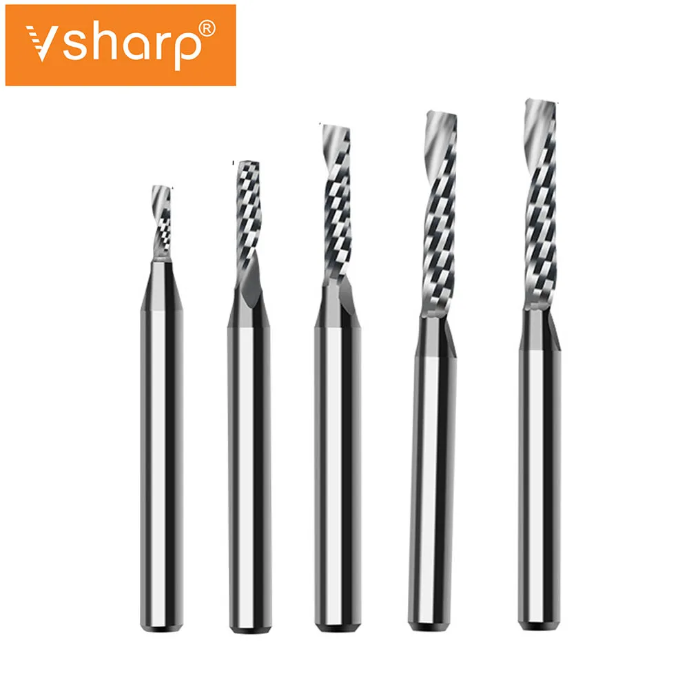 Vsharp CNC 1 Flute Spiral End Mill 3.175Mm Shank Tungsten Carbide Milling Cutter untuk Akrilik PVC Engraving Cutting CNC Bit