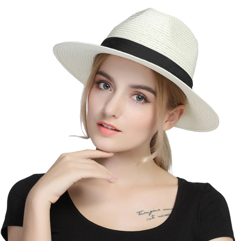 

2 Sizes Men Women Soft Straw Panama Hats Summer Wide Brim Bowtie Band Fedora Sunhats Trilby Caps Outdoor Beach Travel UK M-L