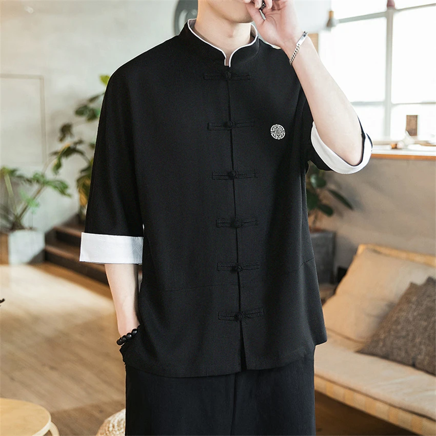 

2022 New Chinese Style Mens Tops Tang Suit Linen Long Sleeve Solid Traditional Kung Fu China Style Hanfu Shirt Plus Size M-5XL