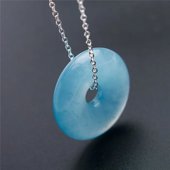 

Natural Blue Aquamarine Round Pendant Women 23x9mm Donut Clear Aquamarine Necklace Genuine AAAAA