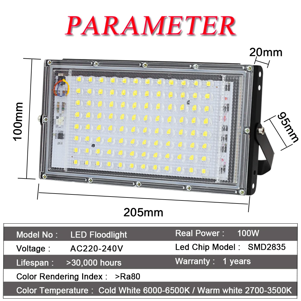 100W LED Flood Light AC 220V 240V Projector Reflector LED Floodlight Spotlight Waterproof Outdoor Street Lamp Light Lighting
