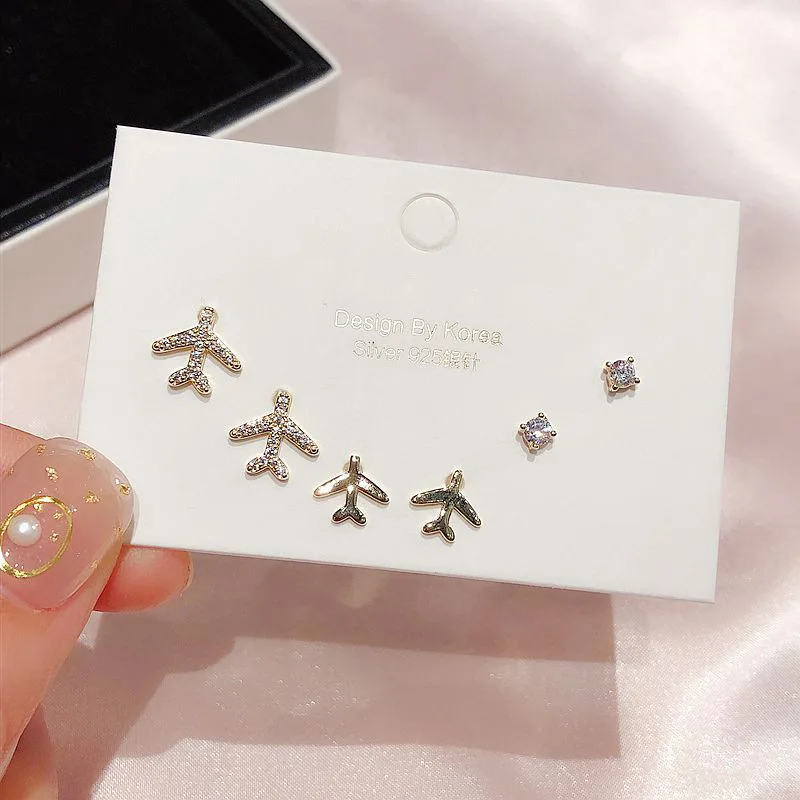 ANENJERY Fashion Airplane Stud Earrings Set Fashion Shiny Micro Inlaid Cubic Zircon Geometric Earrings 6-piece Set S-E1149
