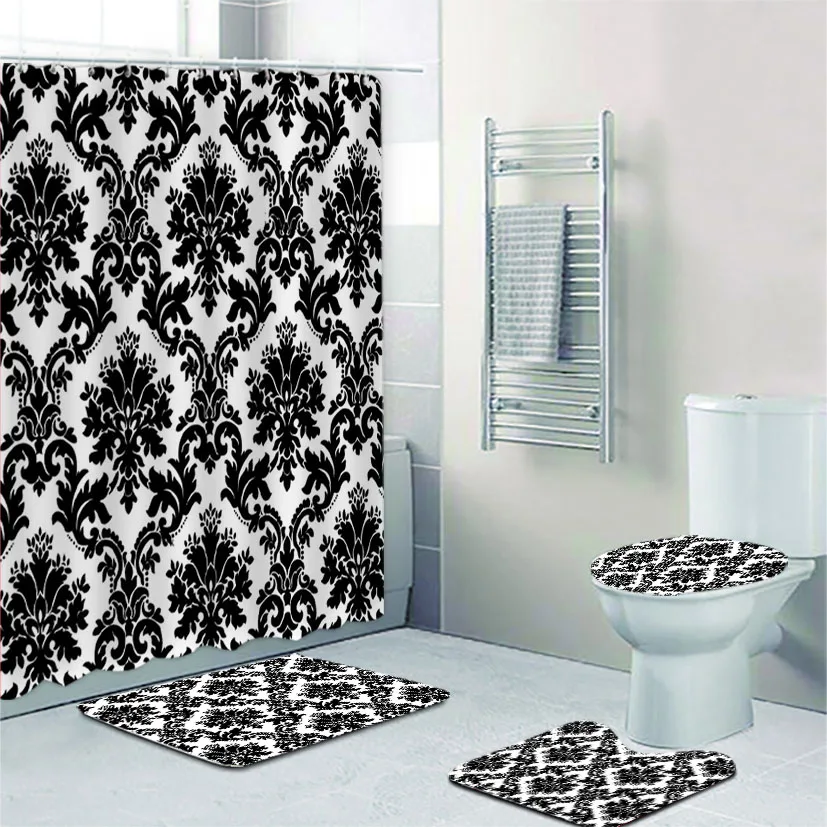 Classy Black White Damask Ornament Shower Curtain Set for Bathroom Abstract Flower Floral Leaf Bathroom Curtains Rugs Home Decor