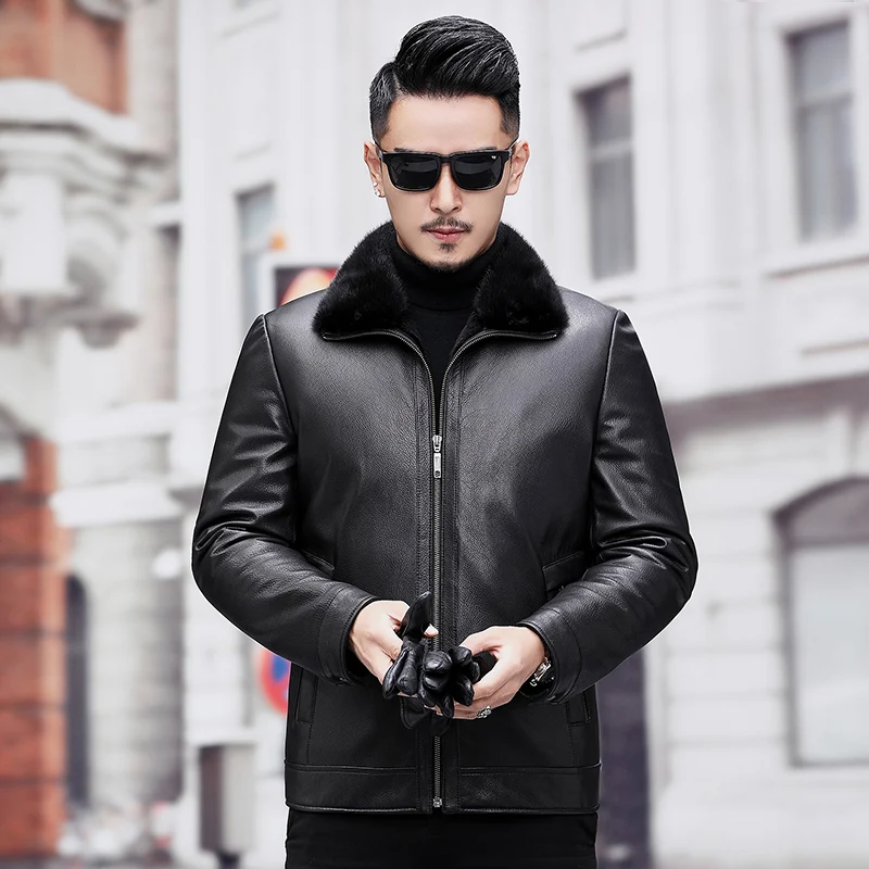 Men's Real Boollili Mink Fur Coat Winter Genuine Leather Jacket Men Goatskin Leather Warm Mens Mink Coats