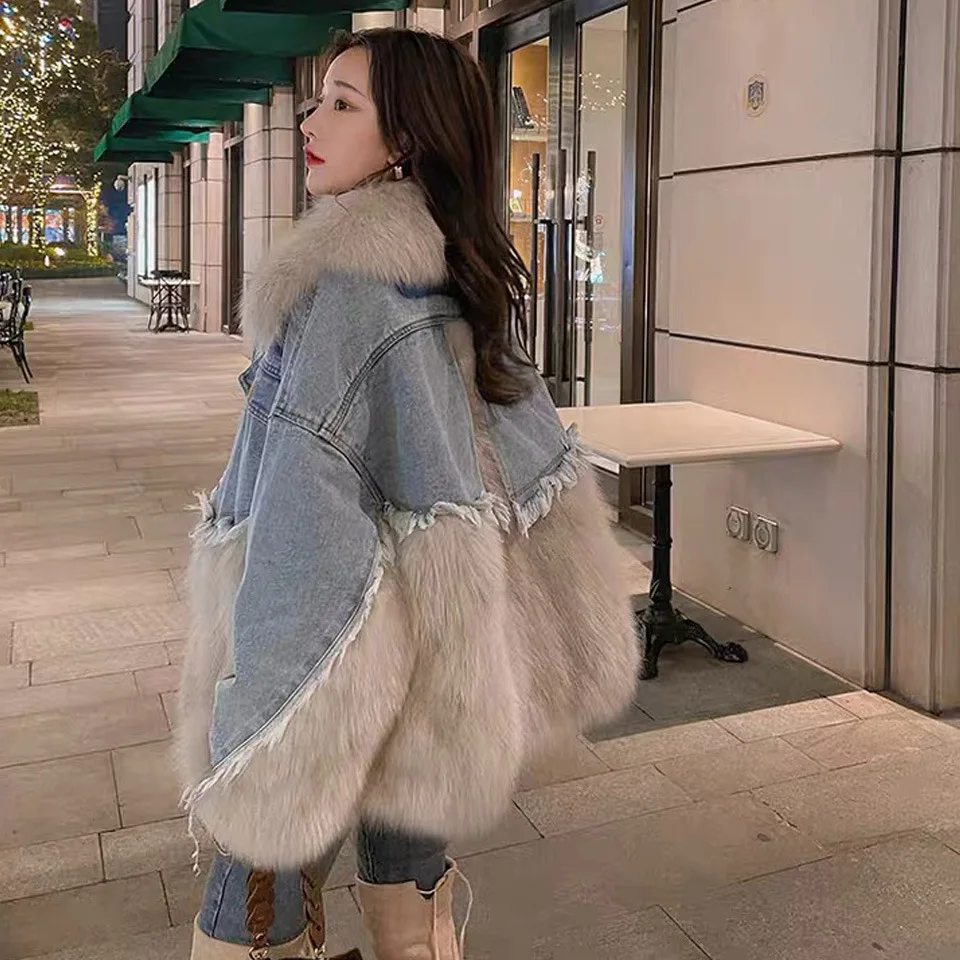 Light Luxury Faux Fox Fur Jacket Autumn Winter Warm Denim Patchwork Fur Women Coats New Fashion Loose Jean Parkas