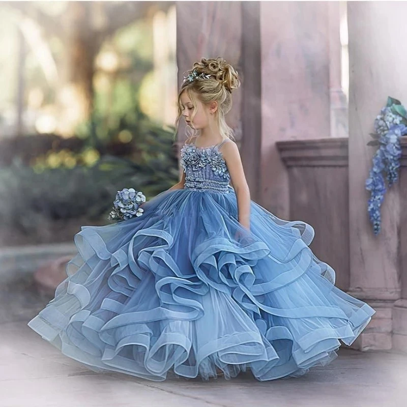 Staubigen Blau Blume Mädchen Kleider Für Hochzeit robe de soirée de mariage Kinder Pageant Kleider Tüll Rüschen Erstkommunion Kleid