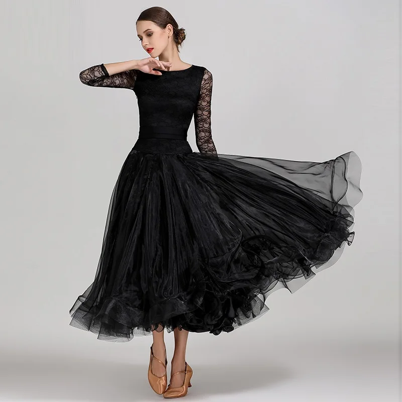 Black Lake Blue Ballroom Dance Dress Lace Standard Women Competition Modern Dancewear Costume Big Swing Waltz Practice Clothes