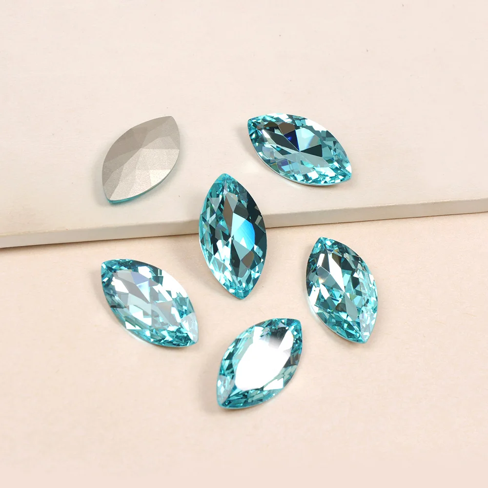 

Aquamarine Navette Strass Faceted Glass fancy stone point back crystal Diamantes Sew On Rhinestones Garment jewelry making beads