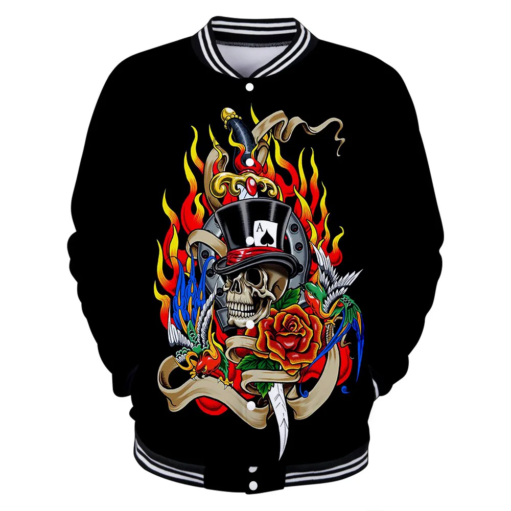 

Skull & Poker 3D Printed Baseball Jacket Men Bomber Jacket Outerwear Vintage Punk Rock Skeleton Baseball Uniform Funny Clothes