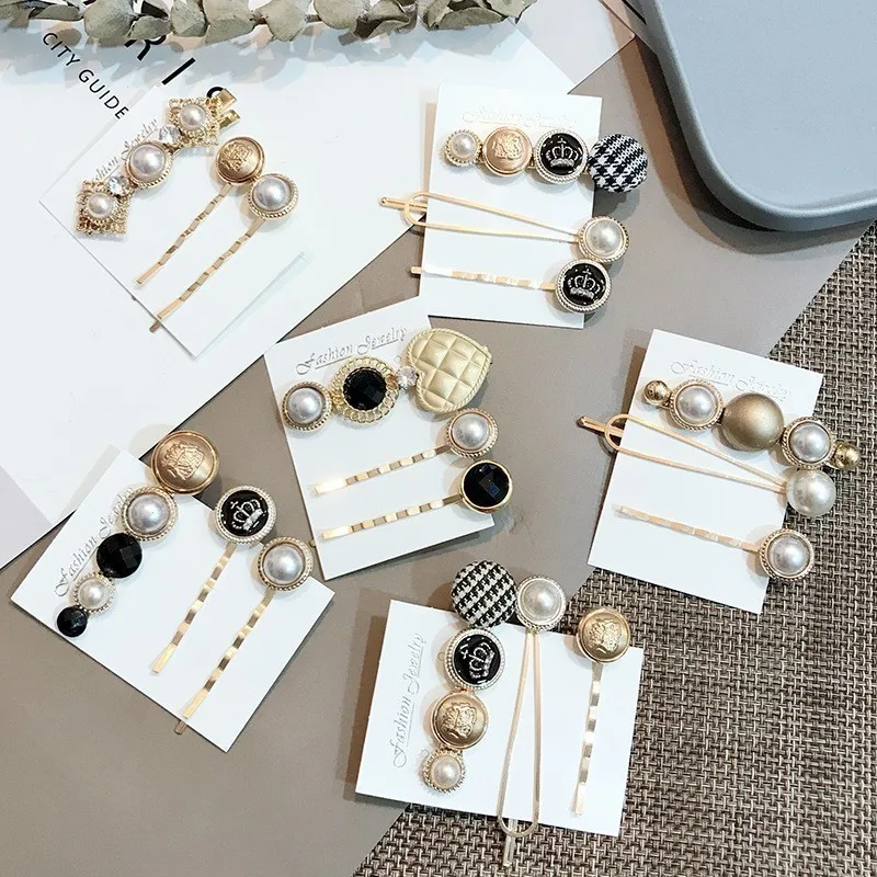 

Fashion Button Grid Hair Pins For Women Fashion Hair Accessories Vintage Gold Color Hair Clips Crown Heart Pearl Barrettes