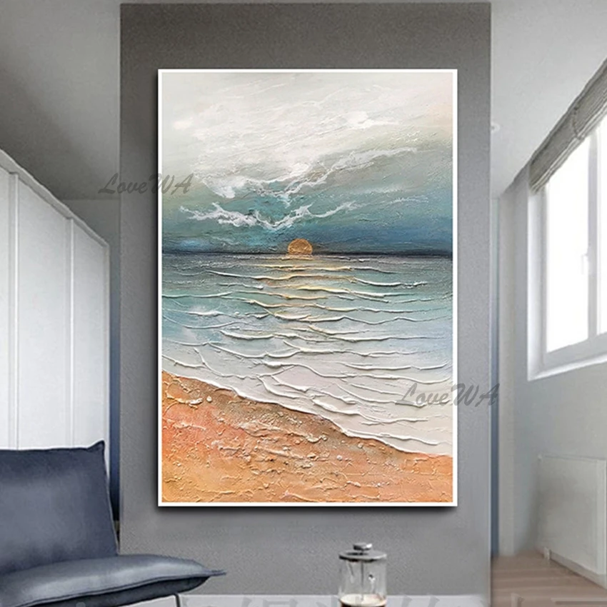 

Abstract Textured Acrylic Art Seascape Pure Hand Painted Sunset Scenery Oil Painting, No Frame Canvas Wall Art Paintings Picture