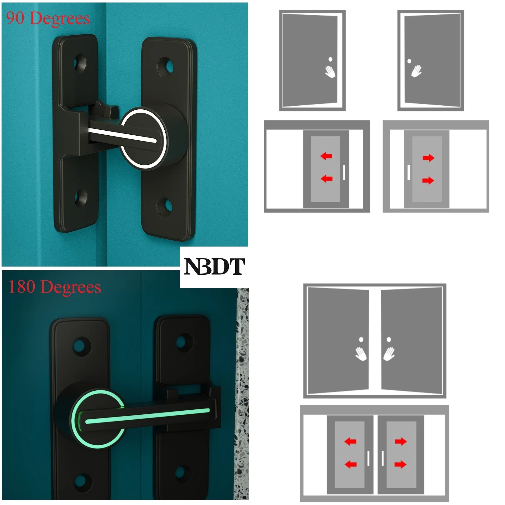 Zinc Alloy 90 180 Degrees Swing Sliding Door Hasp Latch Face Mount Matte Black Gold Antique Bronze Silver Night Fluorescence