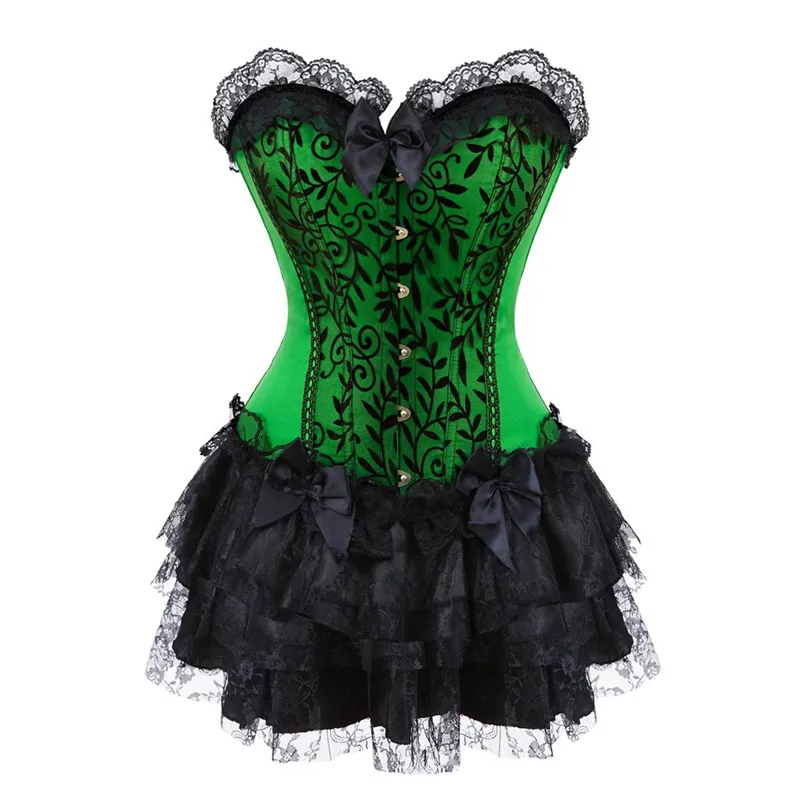 Sapubonva Corset Dress Lace Bustier Skirts Top Set Sexy Women Gothic Victorian Lolita Costume Vintage Lingerie Plus Size Green