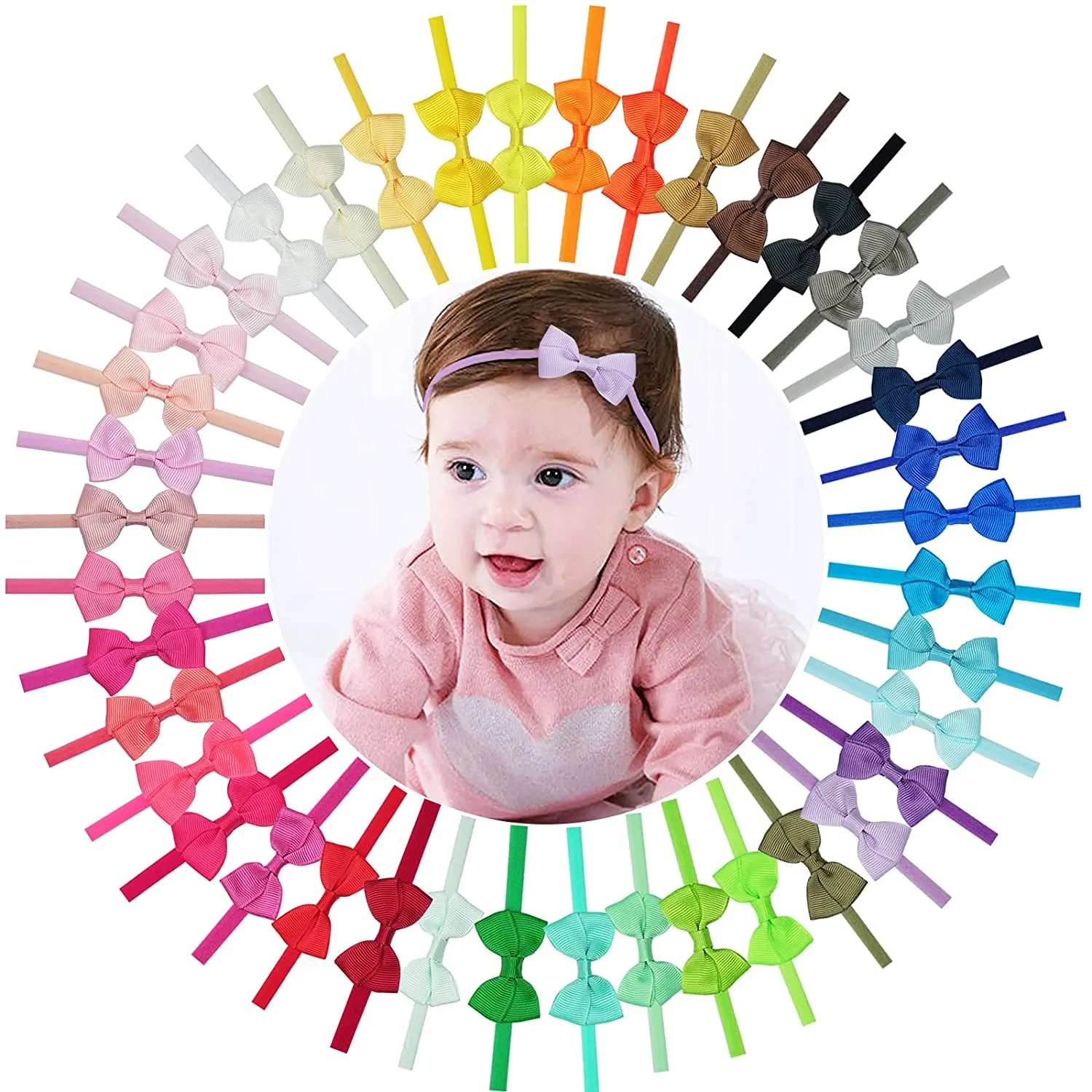 20PCS Baby Nylon Headbands 2Inch Grosgrain Ribbon Tiny Hair Bows Soft Nylon Hairbands Elastics Hair Accessories Kids Child Gifts