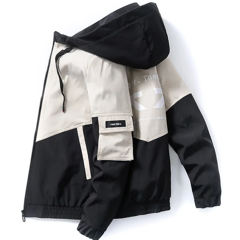 Spring and Autumn Men's Hip Hop Street Patchwork Hooded Loose Casual Print Jacket Coat