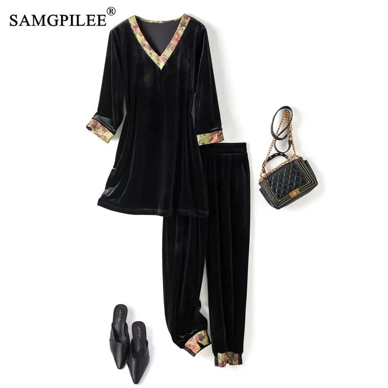 

SAMGPILEE Two Piece Set For Women Vintage V Neck Patchwork Gold Velvet Long Top Wide Leg Pant Two Piece Women Suit Autumn Winter