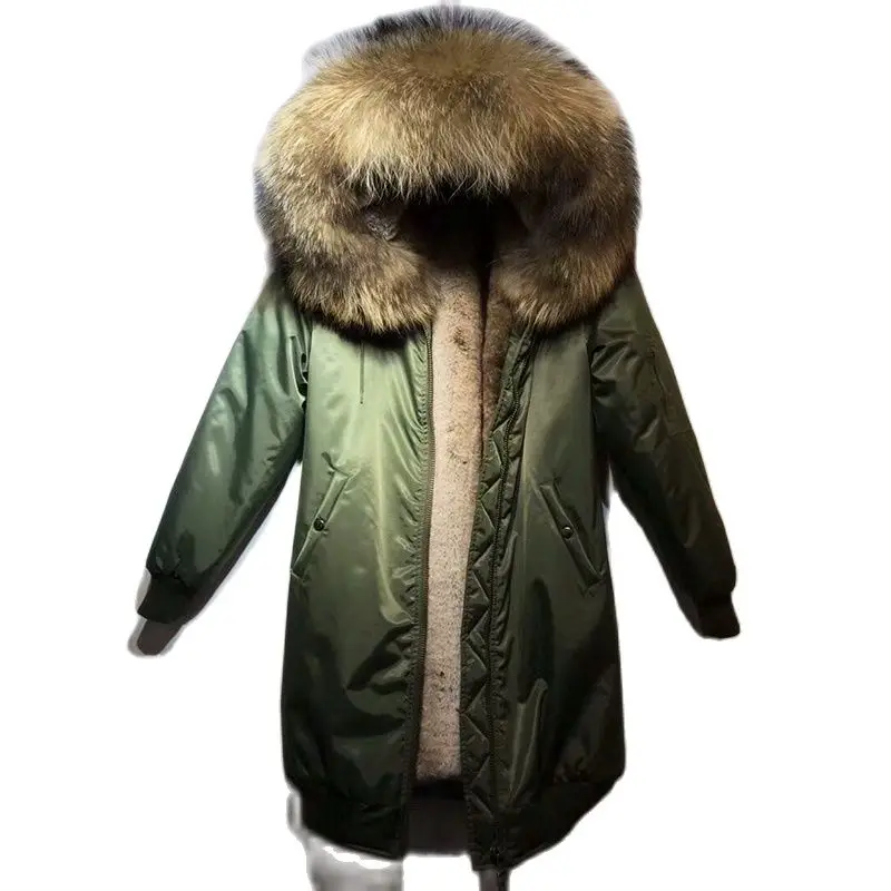 

New Fashion Long Nylon Jacket Women Down Jacket Fur Coat With Big Hooded Outwear