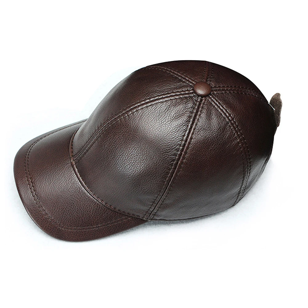 Men Real Cowhide Leather Earlap Caps Male Fall Winter 100% Real Cow Leather Hats New Casual Real Leather Outdoor Baseball Cap