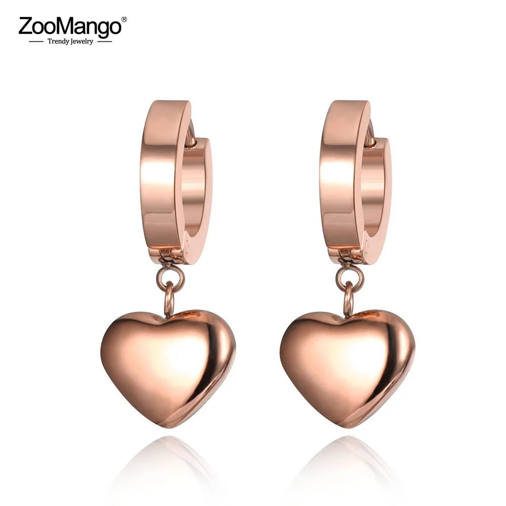 ZooMango Titanium Stainless Steel Love Heart Hoop Earrings Classic Rose Gold Color Wedding Earrings Jewelry For Women ZE19098