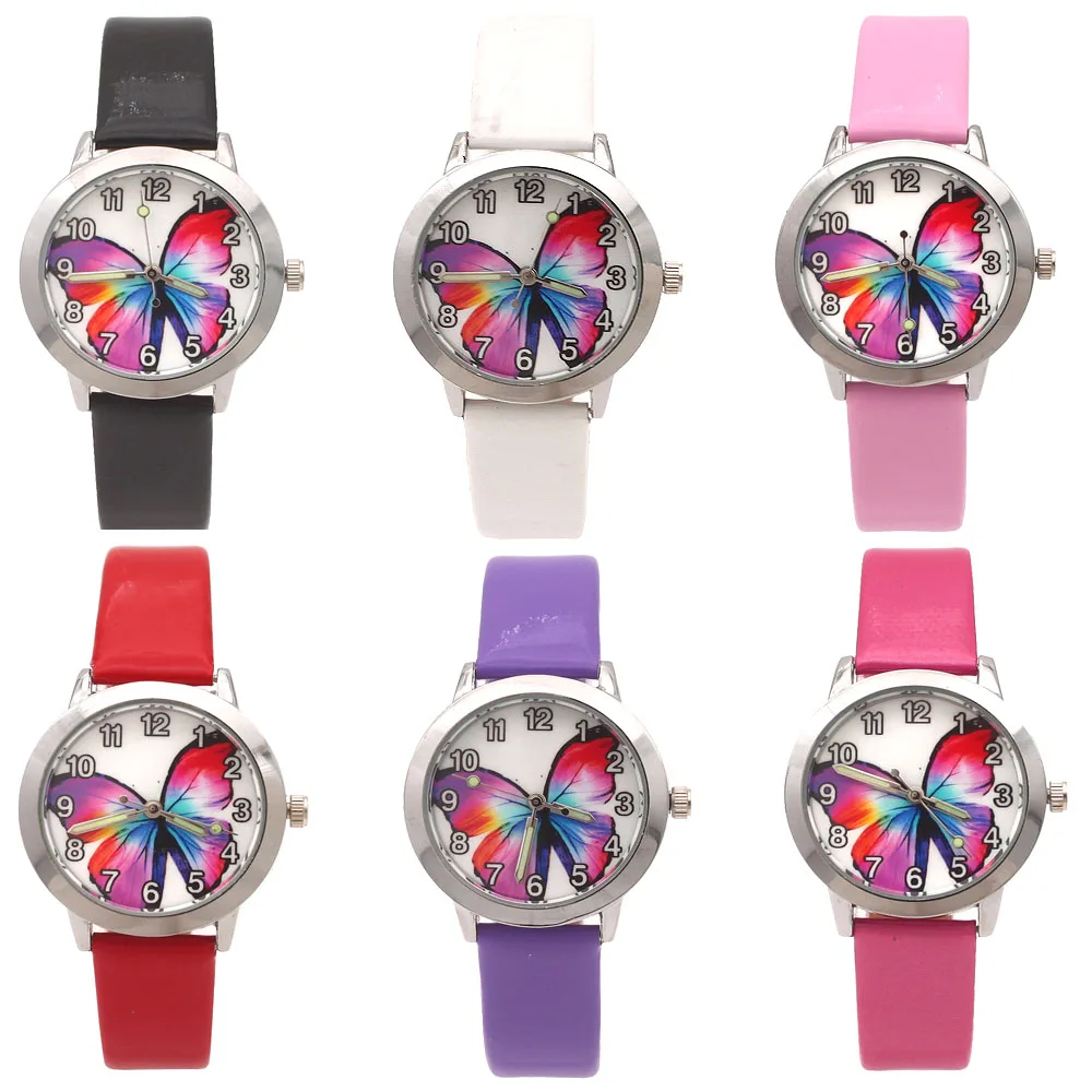 New Colorful Butterly Dial Watch Kids Boy Girl Children Watches Quartz Leather Wristwatch Gifts