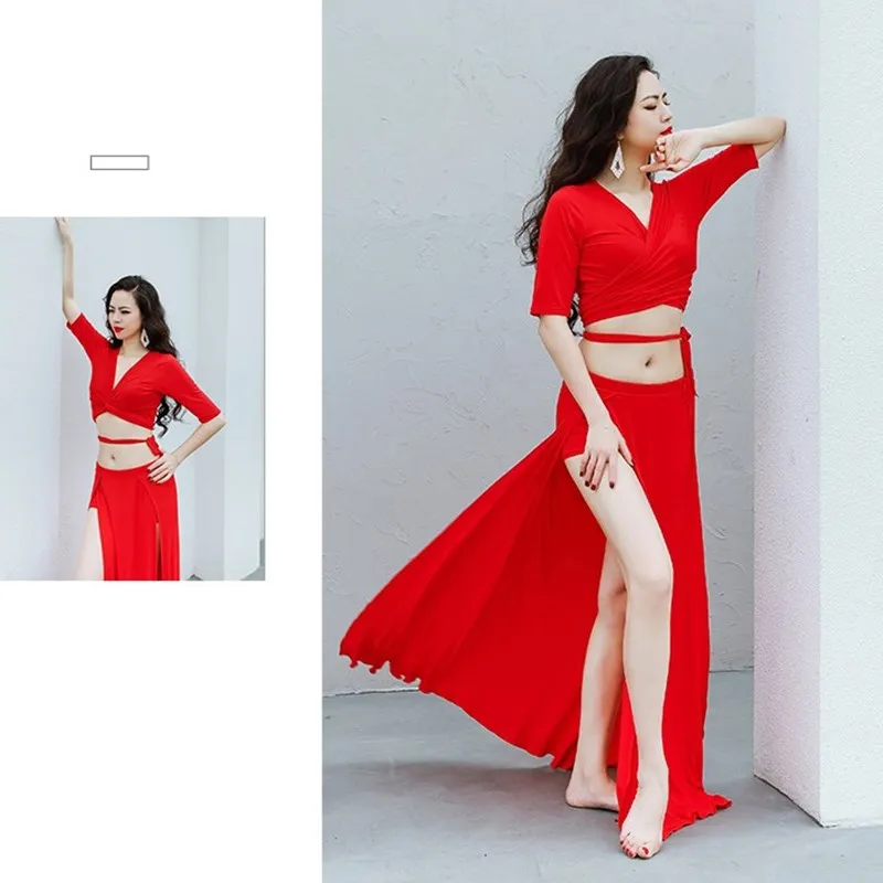 Professionele Buikdansen Kostuum Vrouwen 2 Stuk Modale Praktijk Lange Rok Oosterse Team Dance Outfit Rode Groothandel