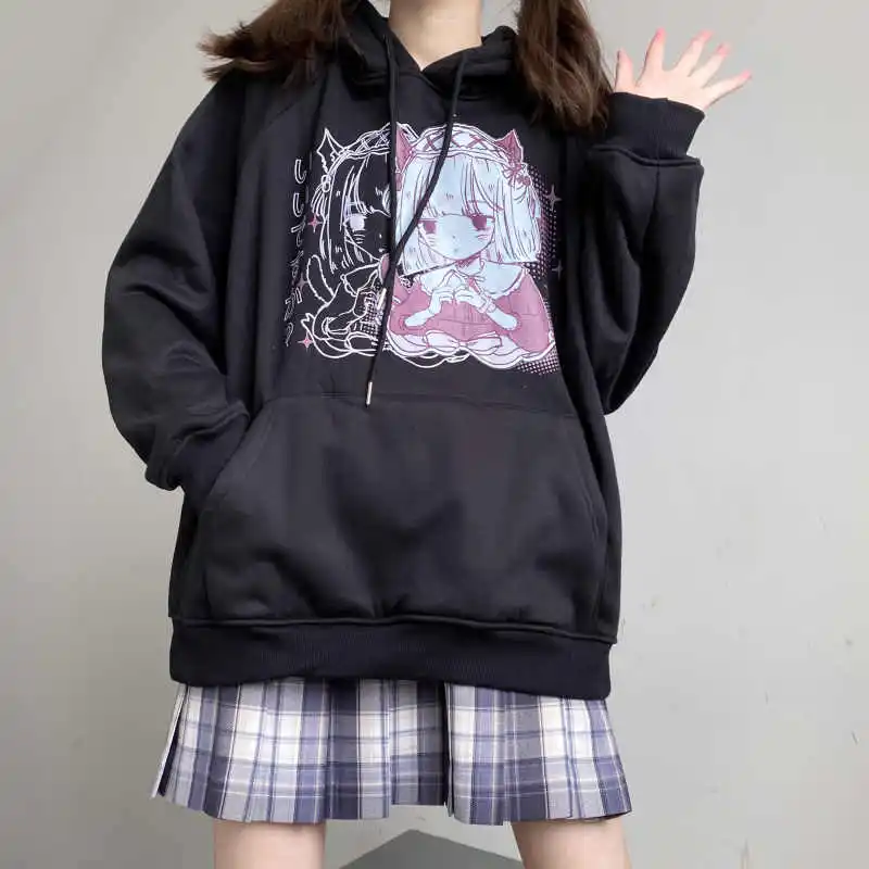 

Harajuku Long Sleeve Vintage Print Tops Autumn Japanese Anime Cartoon Kpop Women Hoodie Dropshipping Pullover Pocket Black худи