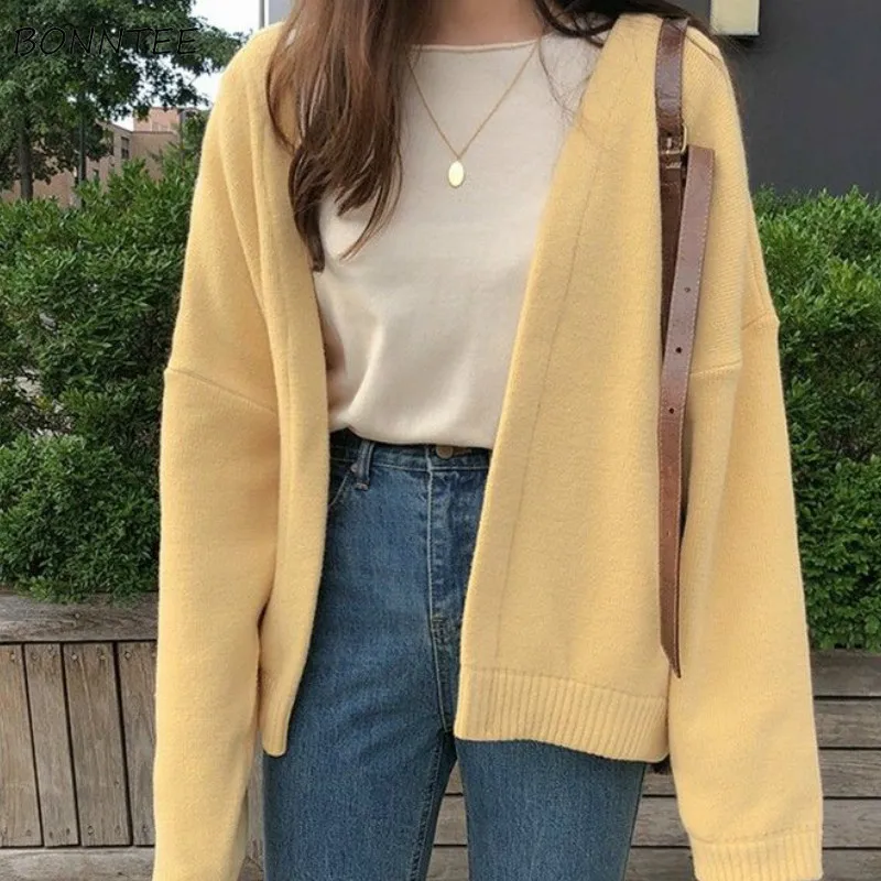 

Cardigan Women Open Stitch Solid V-neck Elegant Vintage Korean Style Streetwear Leisure Outwear Spring Sweater Coat Daily Womens