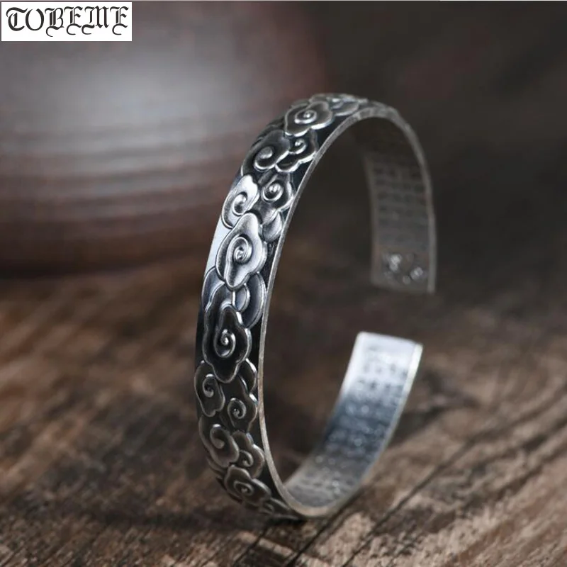 

100% 990 Silver Tibetan Lucky Symbol Bangle 990 Silver Buddhist Heart Sutra Cuff Bracelet Real Silver Women Bangle Good Luck