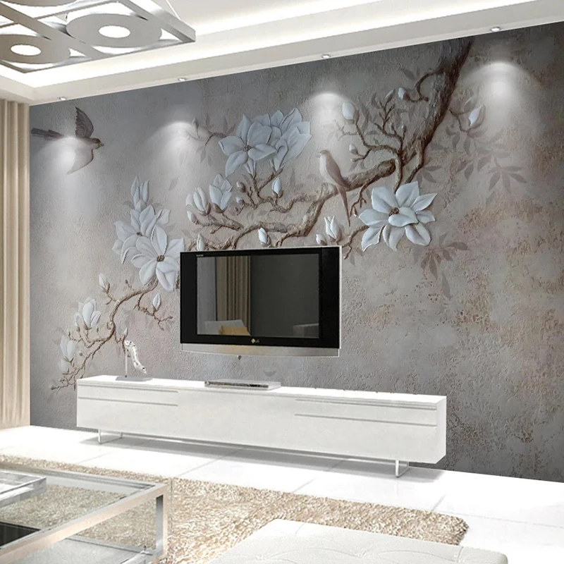 Custom Any Size Photo Wallpaper Modern Pastoral 3D Embossed Flowers Birds Mural Wall Paper Living Room Bedroom Papel De Parede