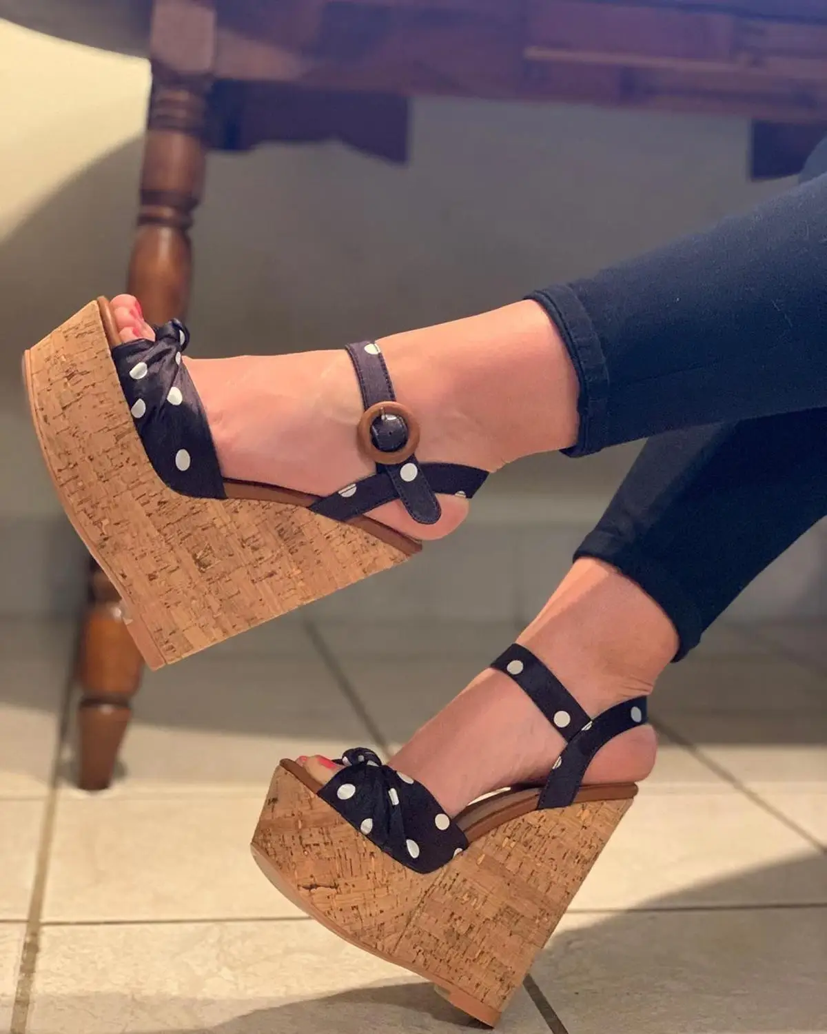Onlymaker Women Wedge Platform Wood Heel Sandals Polka Dot Ankle Strap Open Toe Sandals For Casual Party High Quality Shoes 37