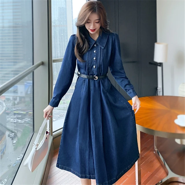 New Fashion Robe Jeans Dress Women Long Sleeve Casual Denim Dresses Long Jeans Shirt Dress Korean Fashion Robe Femme Dresses AliExpress
