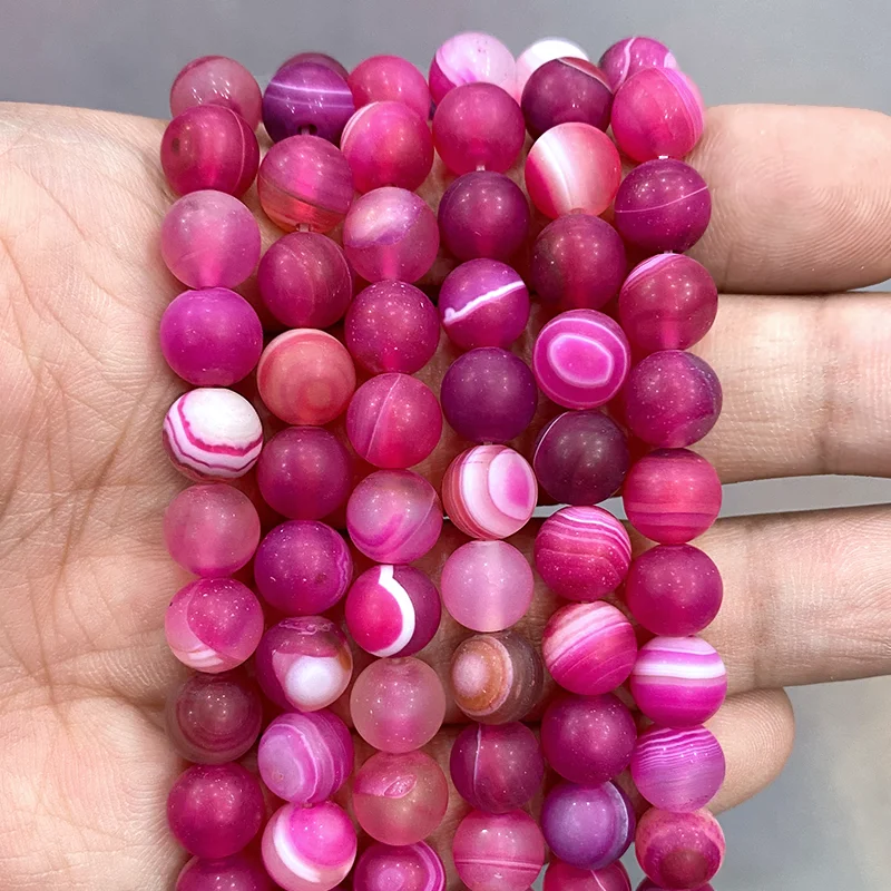 Natural Stone Matte Rose Pink Stripe Agates Round Beads for Jewelry Findings 15