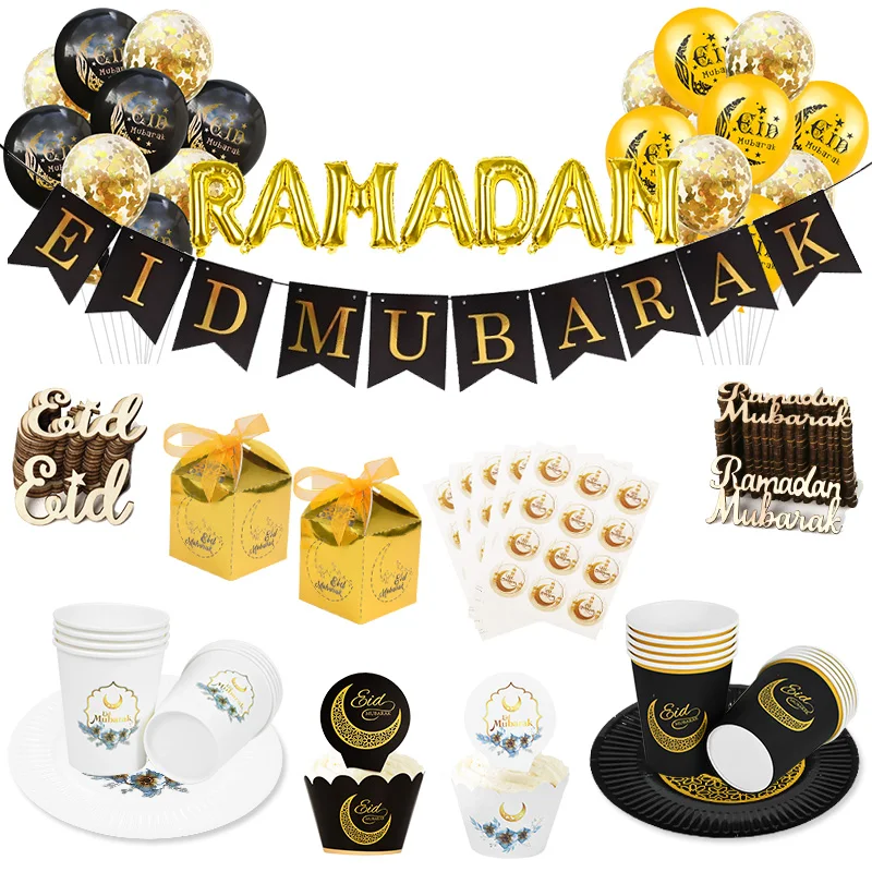 Ramadan Kareem Decoration Eid Mubarak Banner Balloons Disposable Tableware Set Ramadan Mubarak Muslim Islamic Party Decorations