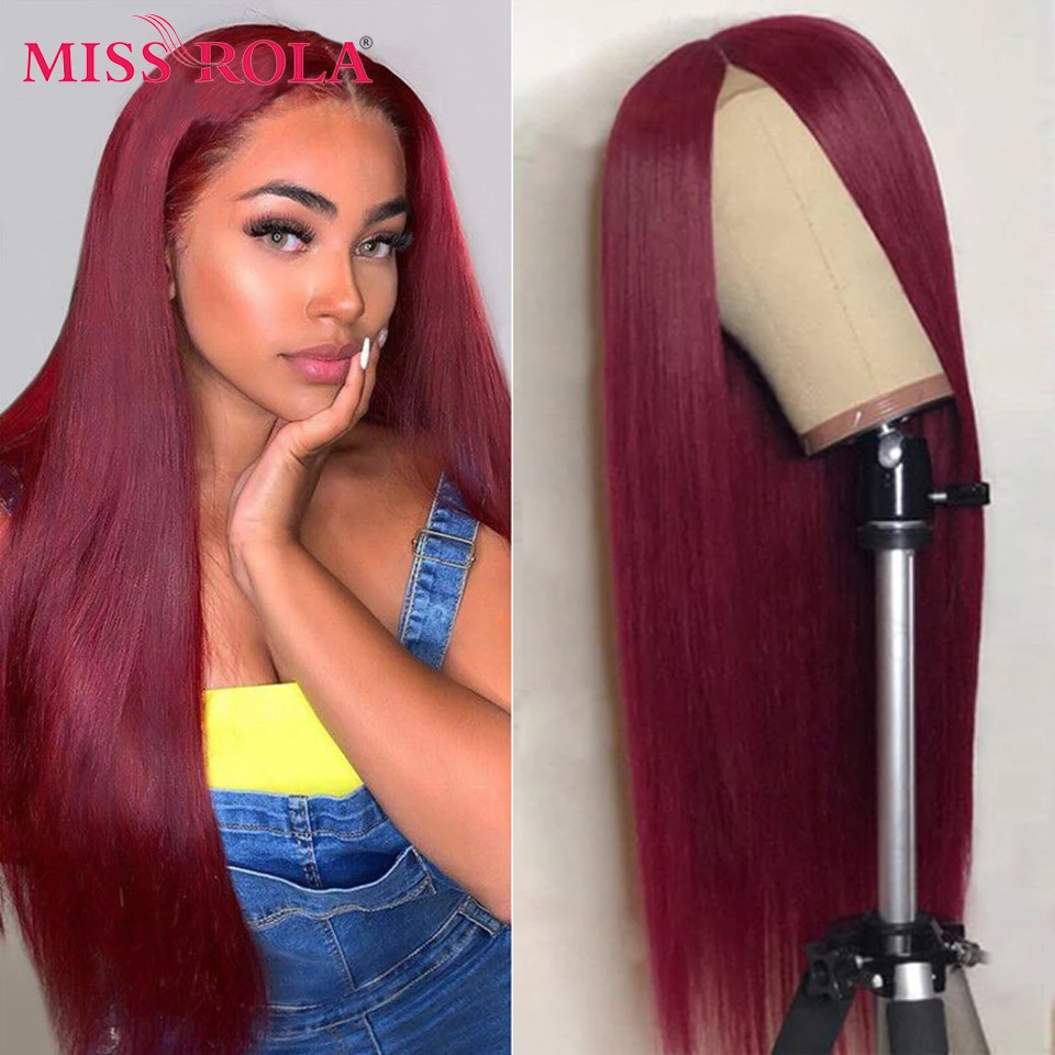 Miss Rola – perruque Lace Closure Wig Remy 100% naturelle, cheveux lisses, ombré rouge bordeaux Blond 99J, Orange, 4*4, pre-plucked