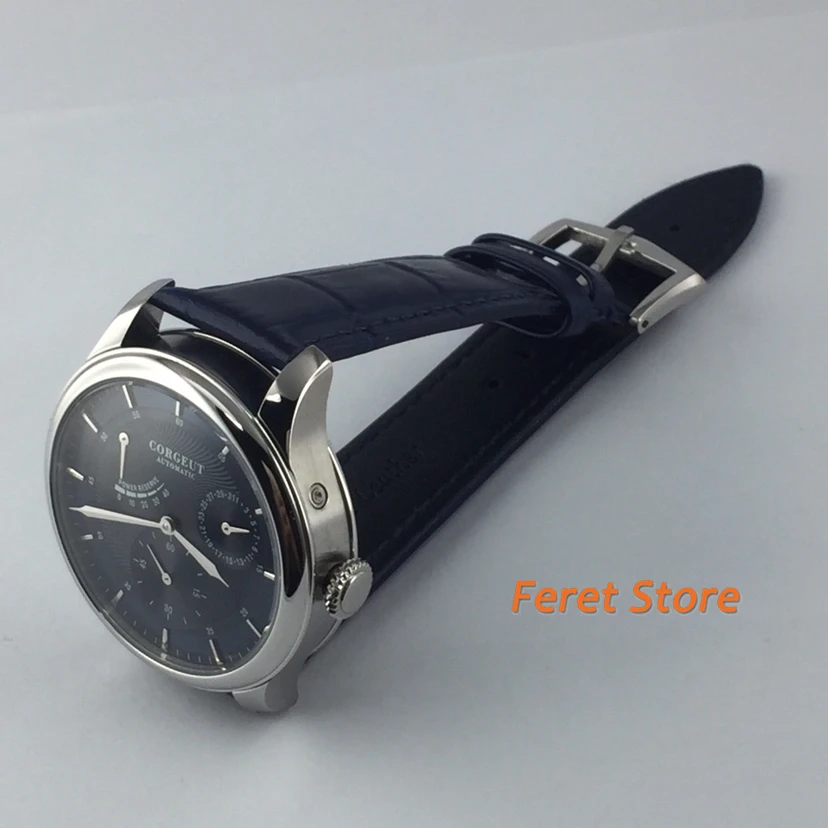 Corgeut 40mm New Men\'s Top Mechanical Watch stainless silvery Case blue Dial Date Leather Strap Power Reserve Automatic Watch