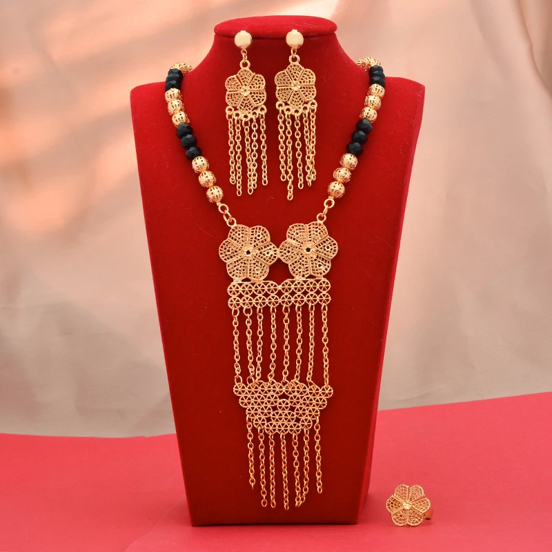 

Fashion 24k Dubai Gold Color Bridal Jewelry Sets Necklace Earrings Gift Wedding Jewellery Set Wholesale For Women