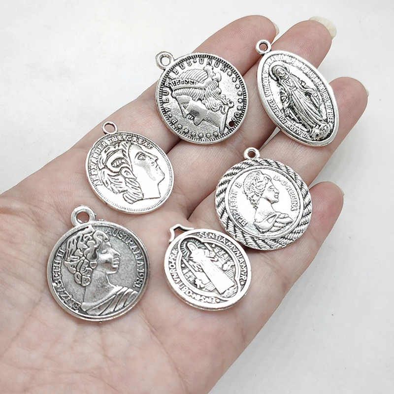2025 New 10pcs 9 Styles Retro Plated  Zinc Alloy Big Religious Coin Pendants Connectors DIY Jewelry Accessories
