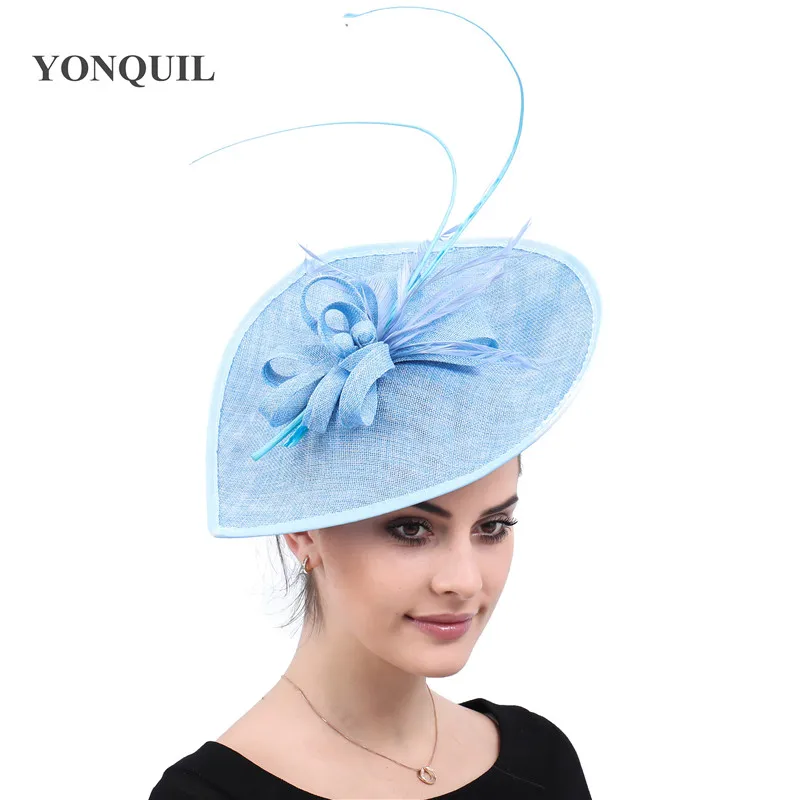 Light Blue Derby Big Fascinators Hat Wedding Womens Elegant Headpiece Vintage Fashion Headwear Occasion Tea Formal Fedora Caps