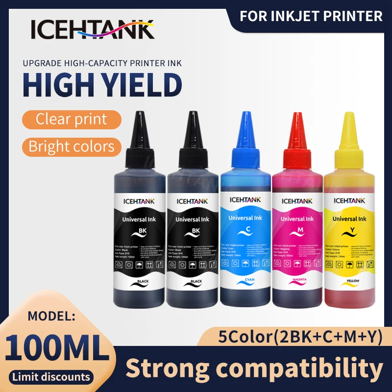 Icehtank 5PCS/SET CMYK 100ml Universal Refill Dye Ink Compatible For HP for Canon for Brother for Epson for printer ink