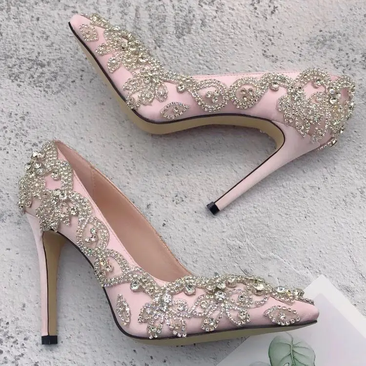 

CHS1219 Custom Made High Heel Pointed Toe Women Shoes Crystal Light Pink Bridal Wedding Shoes