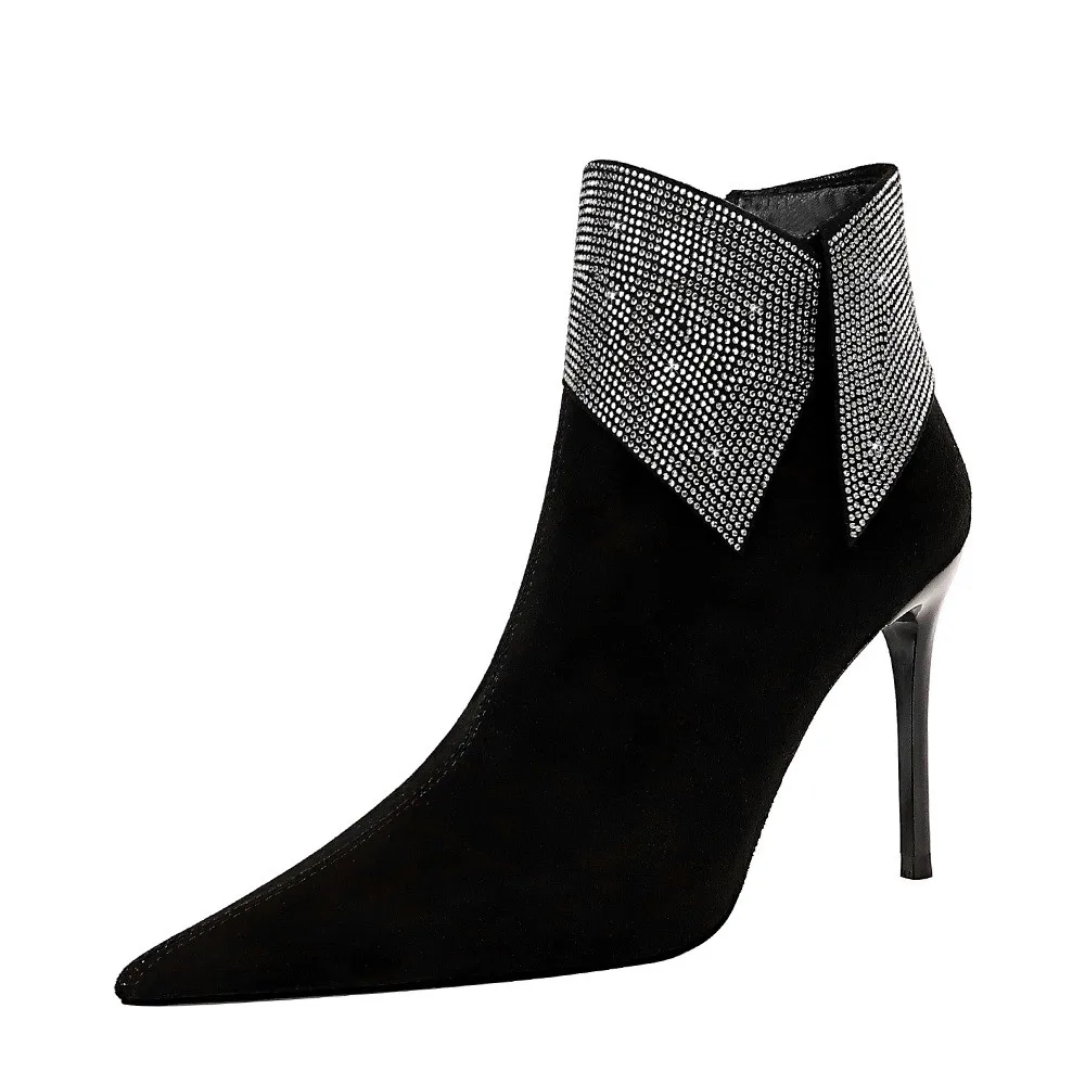 Autumn Winter Women Lapel Rhinestone Sexy Ankle Boots High Heels Pointy Toe Female Party Boots Flock Zipper Ladies Crystal Shoes