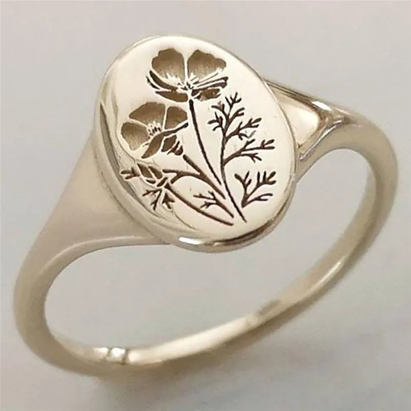 3 Colors Trendy Simple Flower Leaves Plants Geometric Oval Ring for Women Female Party Wedding Engagement Jewelry