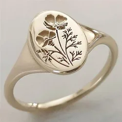 3 Colors Trendy Simple Flower Leaves Plants Geometric Oval Ring for Women Female Party Wedding Engagement Jewelry