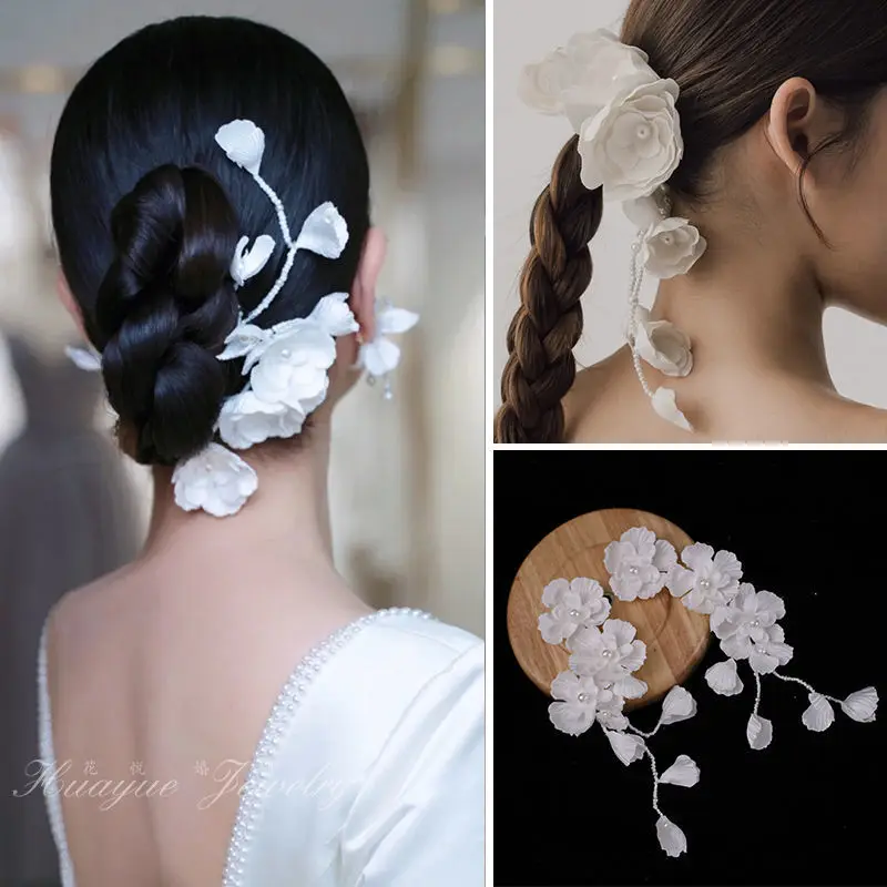 Bandeaux de cheveux faits à la main pour femmes, fleur blanche, pompon de perle simulée, ornements de fête de mariage, accessoires de sauna