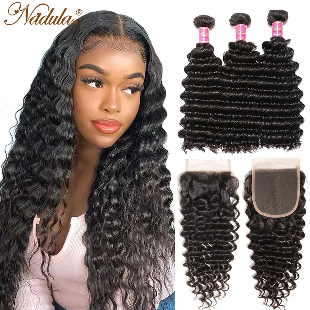 

Nadula Hair Malaysian Deep Wave Bundles With Closure 10-28 inch 100% Remy Human Hair Extensions With Lace Closure Natural Color